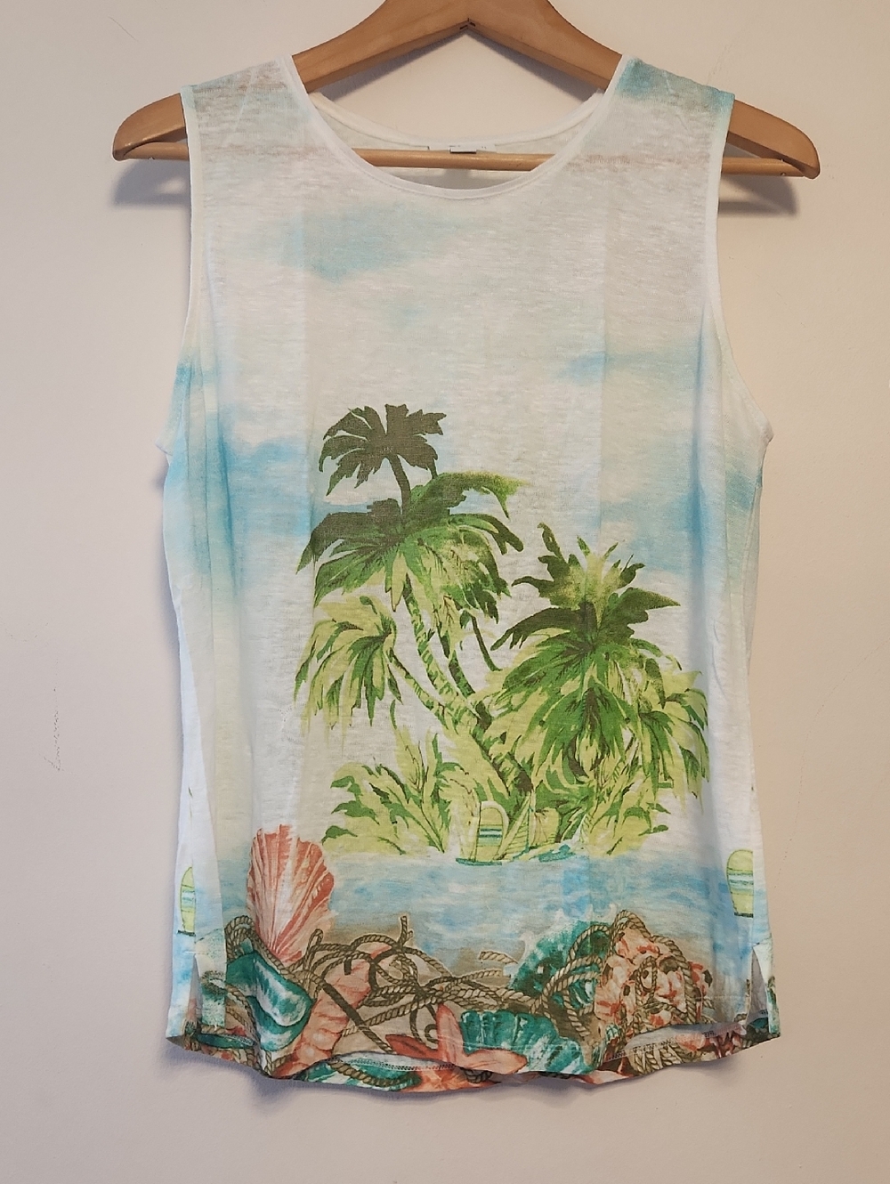 J. Jill White Linen Tropical Print Tank Top Size S